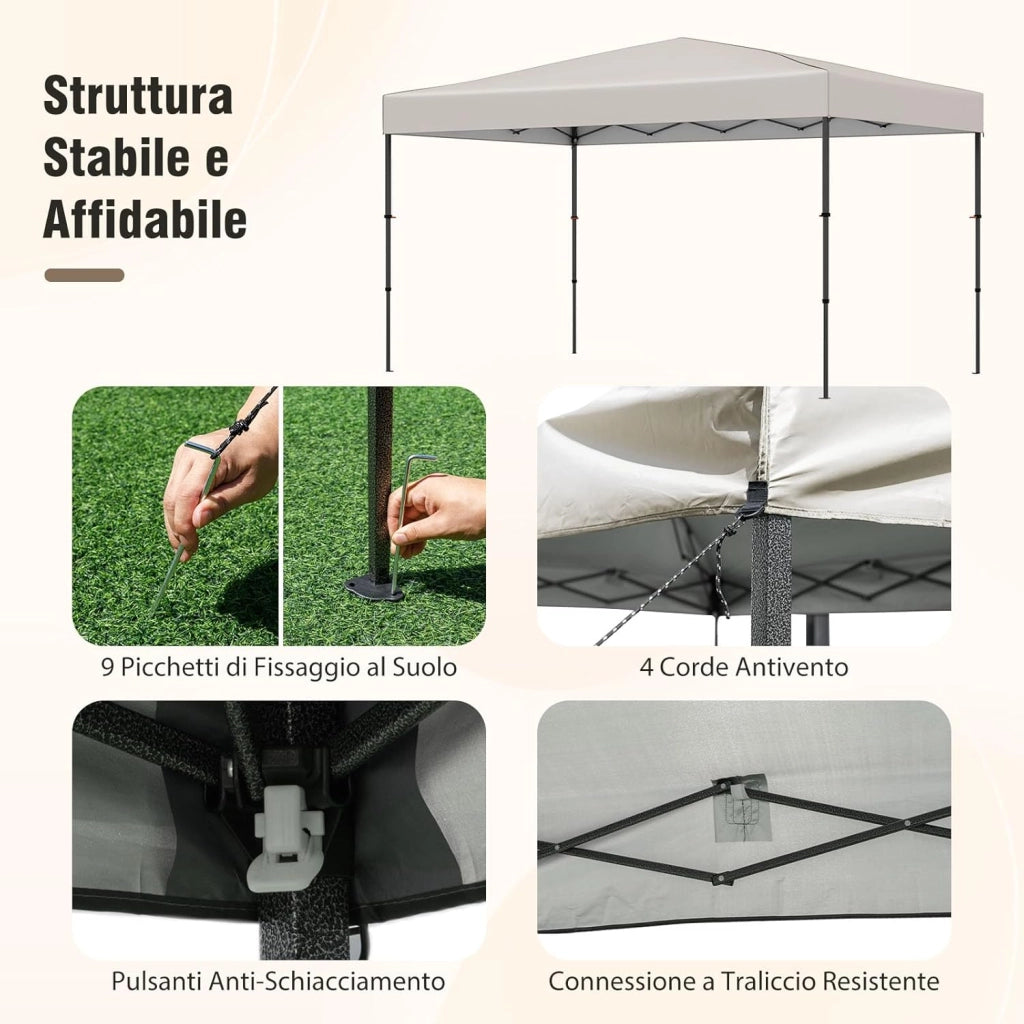 Gazebo Pieghevole Impermeabile, Gazebo Esterno Resistente con Acciaio Regolabile, Borsa Portatile, 9 Picchetti e 4 Corde Antivento, per Giardino, Feste e Barbecue (Beige, 3,65 x 2,25 m)