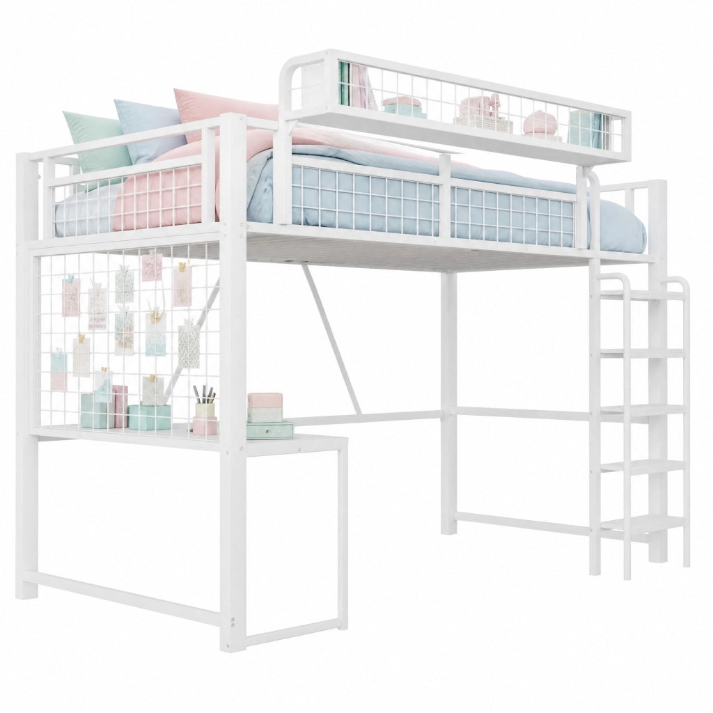Letto a soppalco in metallo 90 x 200 cm con scrivania; LED; presa e scala; bianco