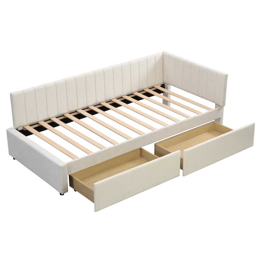 Letto imbottito 90x200 cm con 2 cassetti e rete a doghe beige