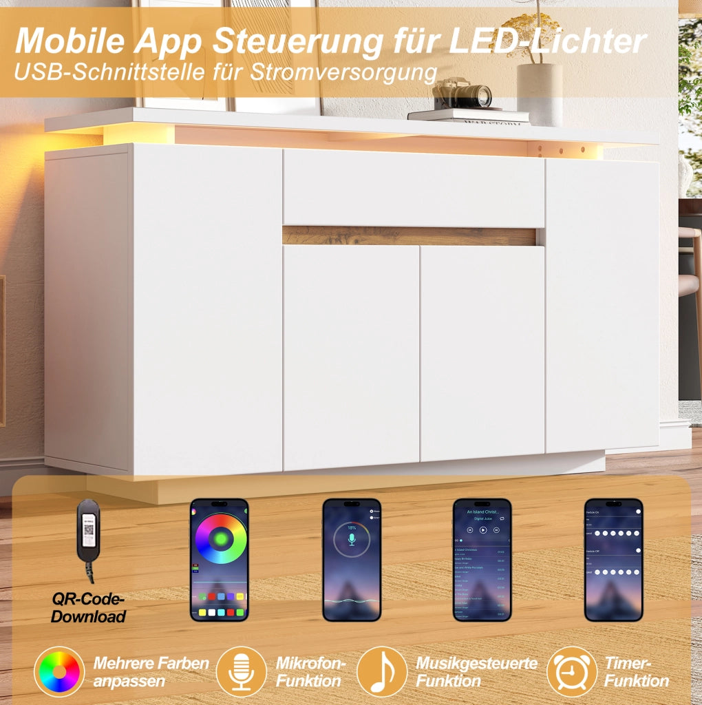 Credenza con illuminazione LED; 1 cassetto e 4 ante; 140x40x80 cm; bianca