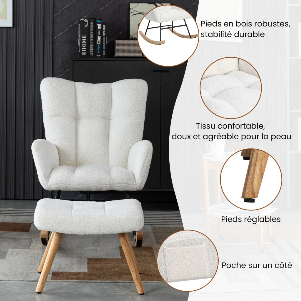 Poltrona a dondolo ergonomica con poggiapiedi e struttura in legno di caucciù, imbottita in bouclé bianco