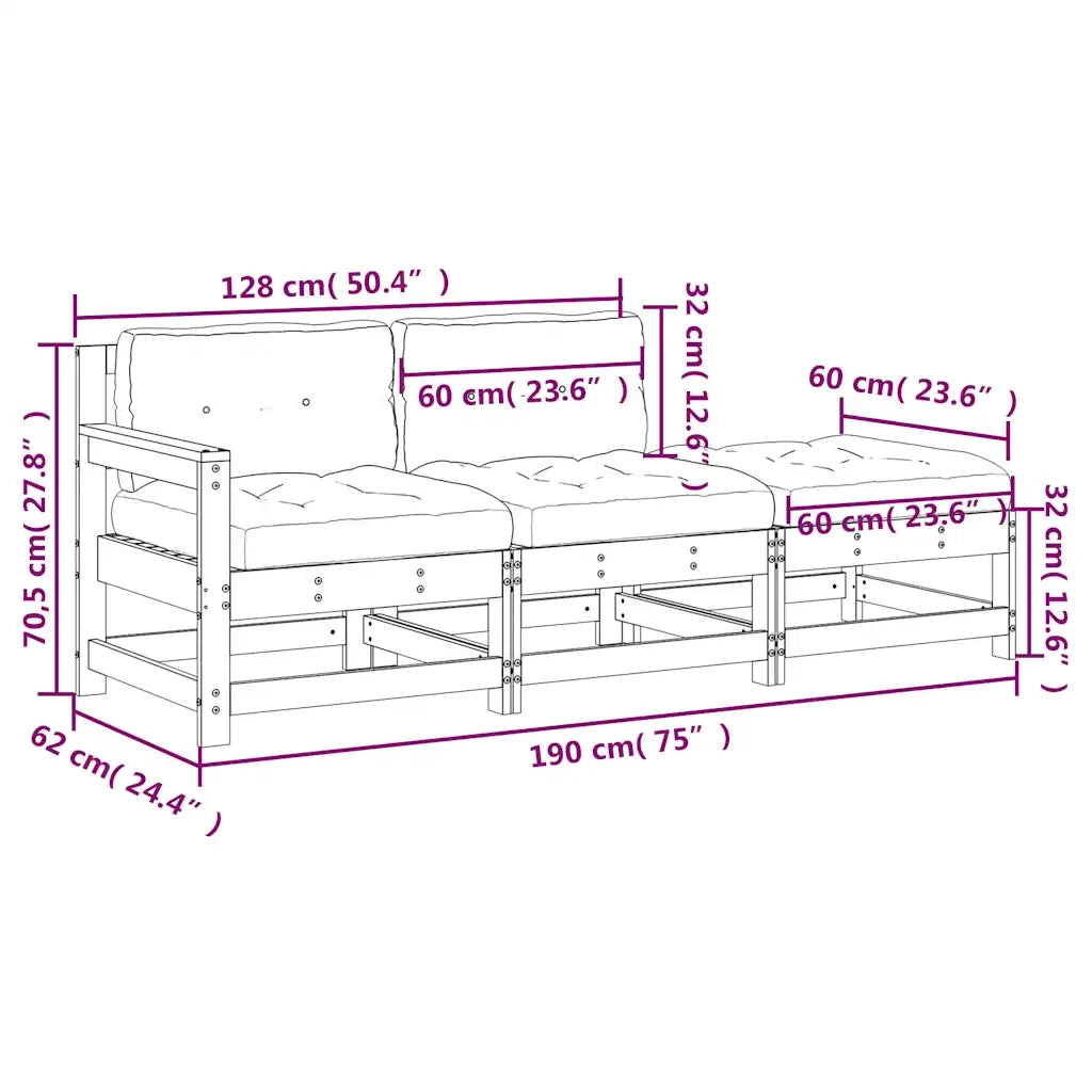 Salotto da Giardino-Set Divani da Giardino 3pz con Cuscini in Legno Massello Bianco