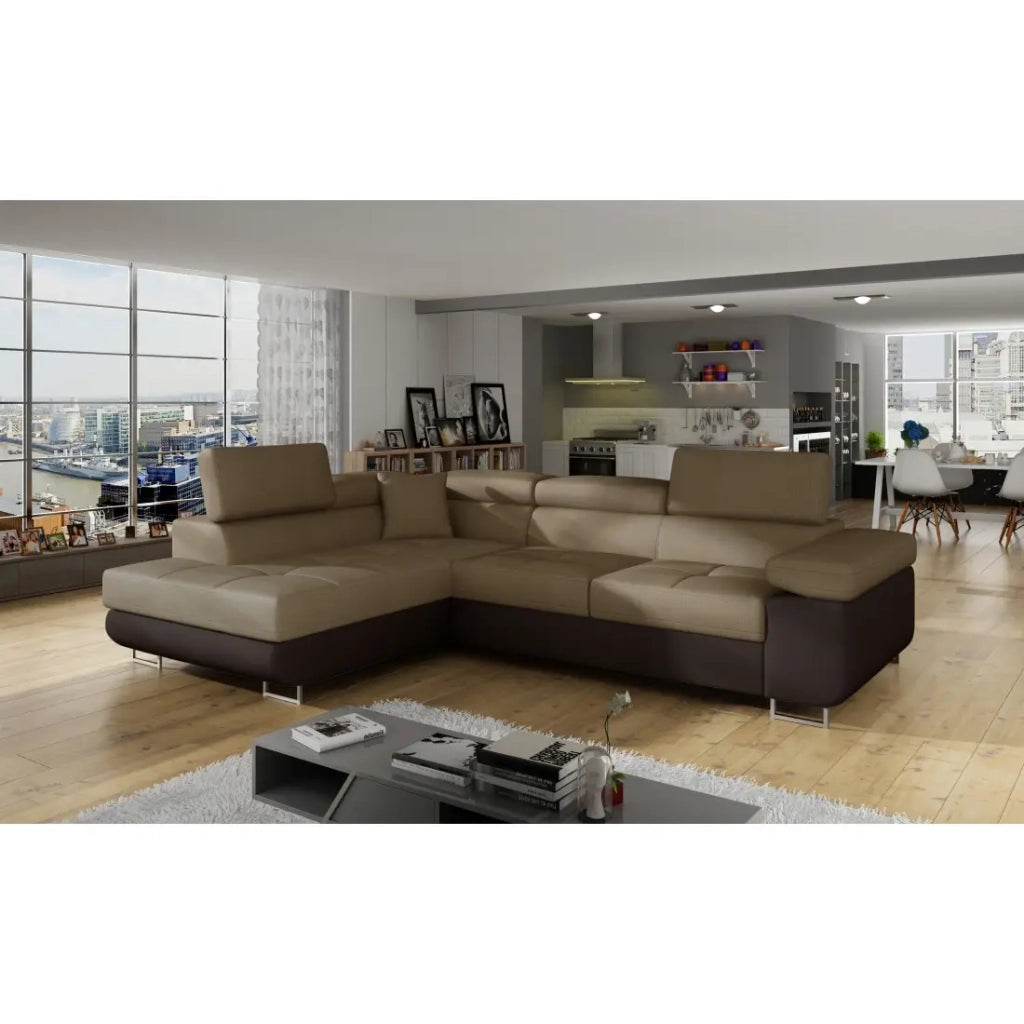 Divano angolare trasformabile MENTON beige e marrone bouclé – Angolo sinistro con contenitore