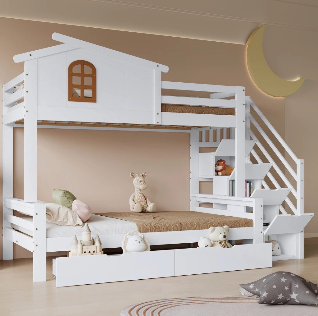 Letto a castello per bambini 90x200 e 120x200 cm con 2 cassetti; pino e MDF bianco naturale
