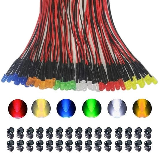60 pezzi di LED 5mm con cavo di 20cm - illuminazione preinstallata DC 12V - semi di luce LED in forma di perle (rosso - giallo - verde - bianco - arancione - blu) + 60 pezzi di supporti per LED 5mm - plastica