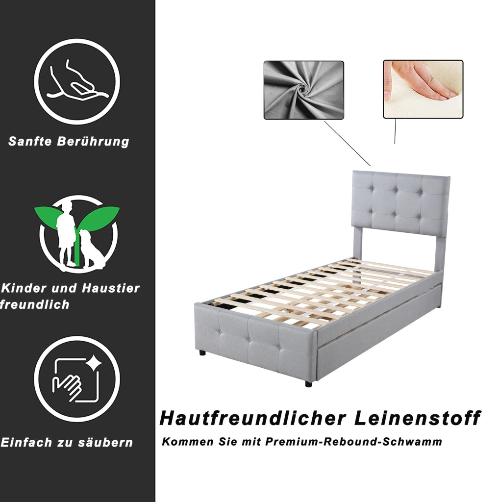 Letto imbottito singolo 90x200 cm con letto estraibile grigio