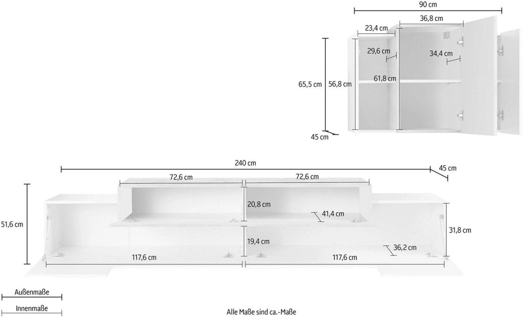 Parete Attrezzata Mobile TV e Pensile 240x45x51,5 cm Coro Bianco Lucido/Bianco