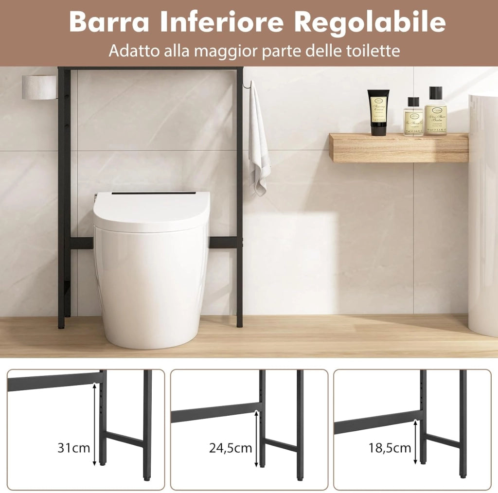 Scaffale Bagno 165,5 cm Sopra WC, Mobile Bagno Salvaspazio con 2 Porte, Ripiano Regolabile, Bara Inferiore Regolabile, 2 Ganci Laterali, Organizzatore sopra Gabinetto per Lavanderia (Bianco)