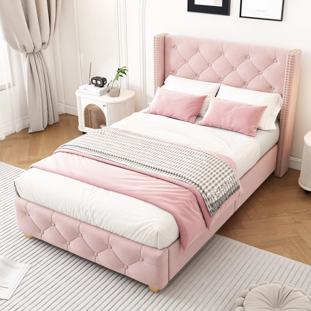 Letto imbottito in velluto rosa 90x200 cm con testiera e rete a doghe