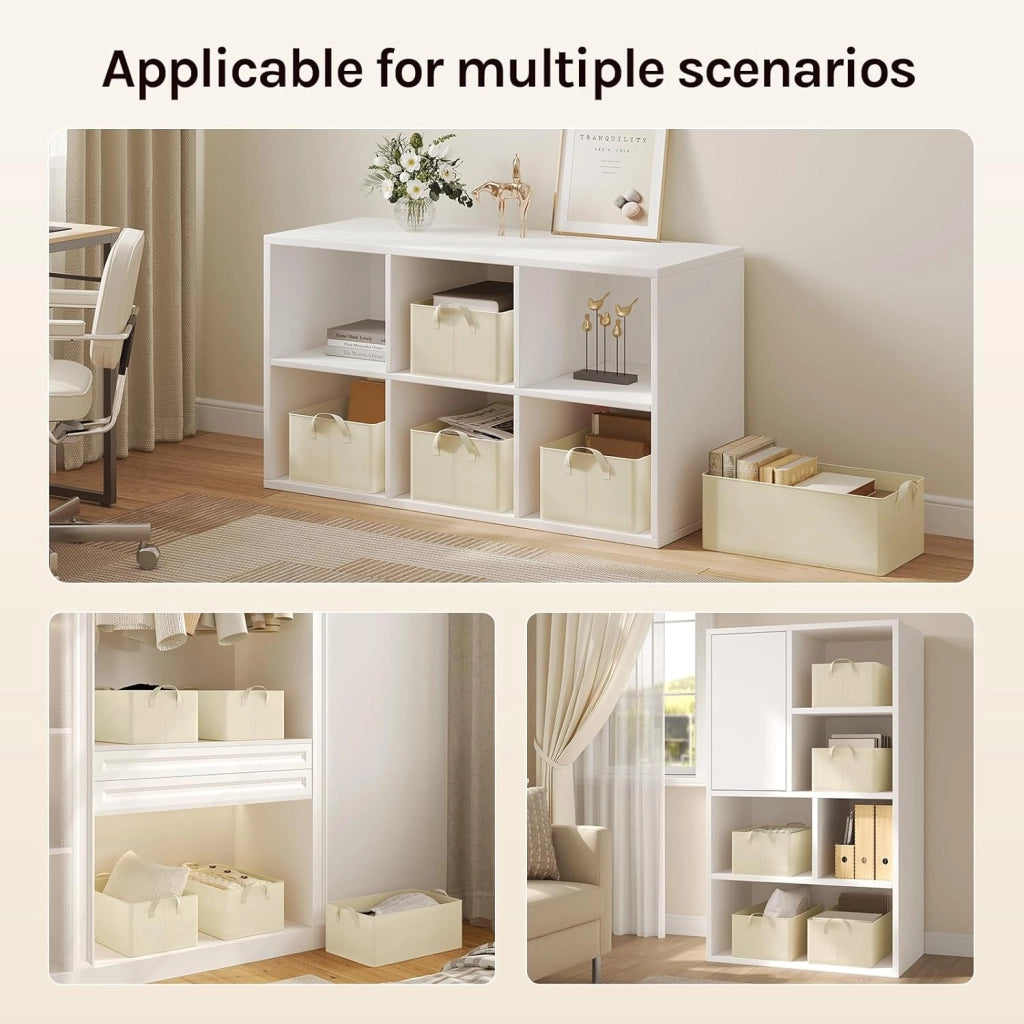 Set di 6 Scatole Portaoggetti Pieghevoli, Contenitori in Tessuto con Manici, per Vestiti e Giocattoli, Crema, 37,5x20x26cm