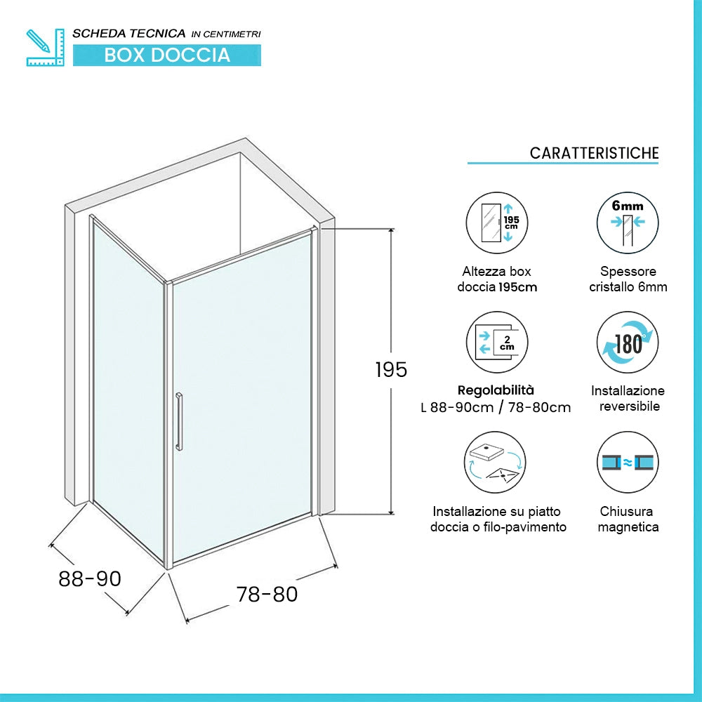 Box doccia angolare 90x80 in vetro temperato trasparente battente con profili cromo Neos