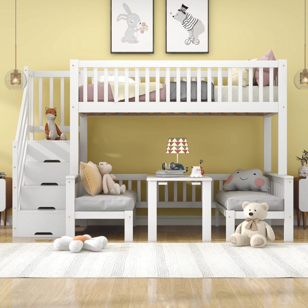 OKWISH Letto a Castello 90×200 cm e 120×200 cm, Letto 3 Posti con Scala Contenitore, Scrivania Ribaltabile e Sponda, senza Materasso, Bianco