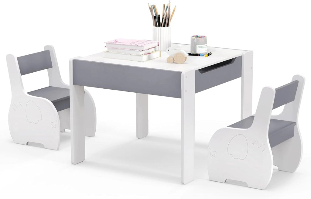 Tavolo e Sedie per Bambini 3 in 1, Tavolino con Lavagna Rimovibile e Archiviazione, per Cameretta (Bianco e Grigio)