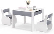 Tavolo e Sedie per Bambini 3 in 1, Tavolino con Lavagna Rimovibile e Archiviazione, per Cameretta (Bianco e Grigio)