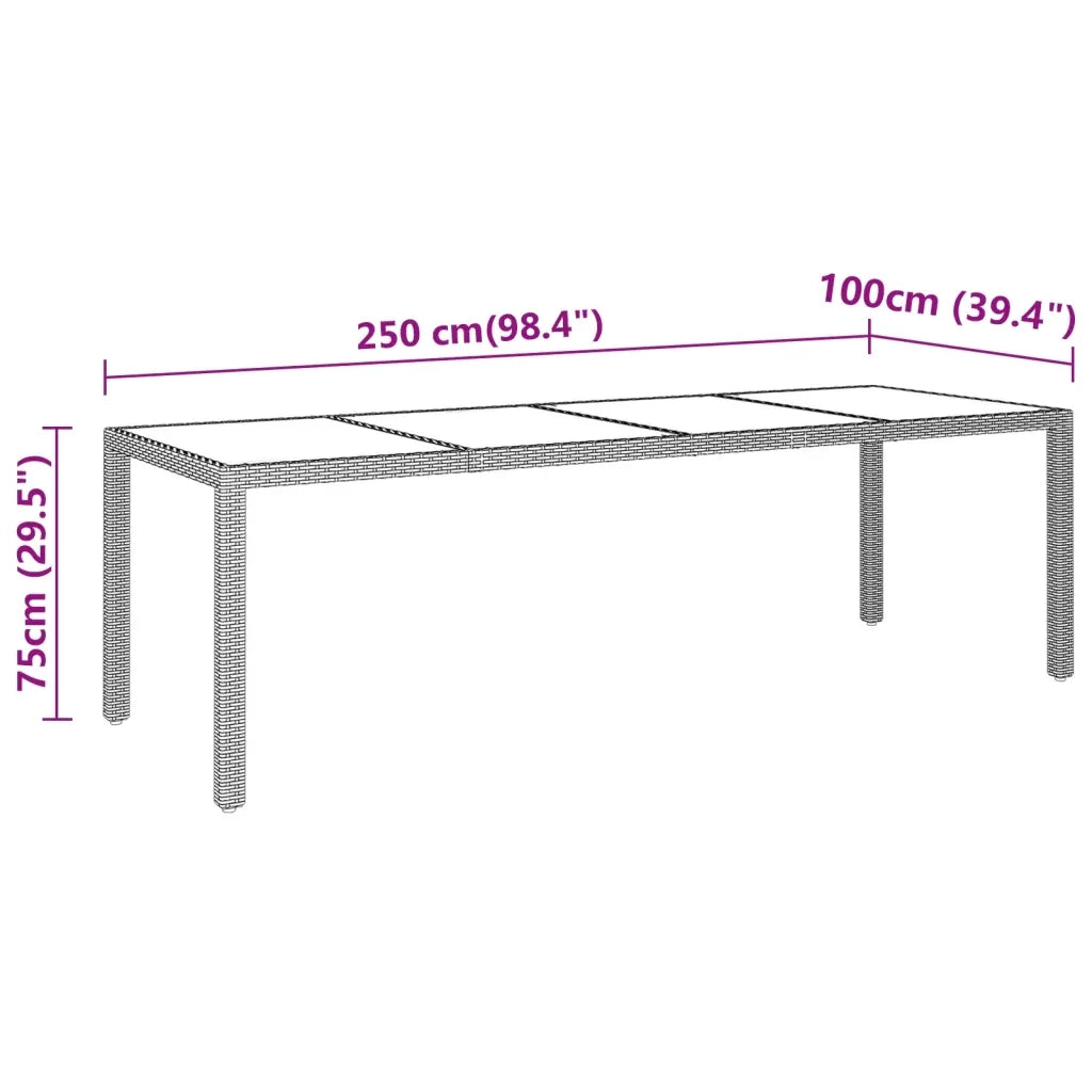 Tavolo Giardino Grigio 250x100x75cm Vetro Temperato Polyrattan 310593