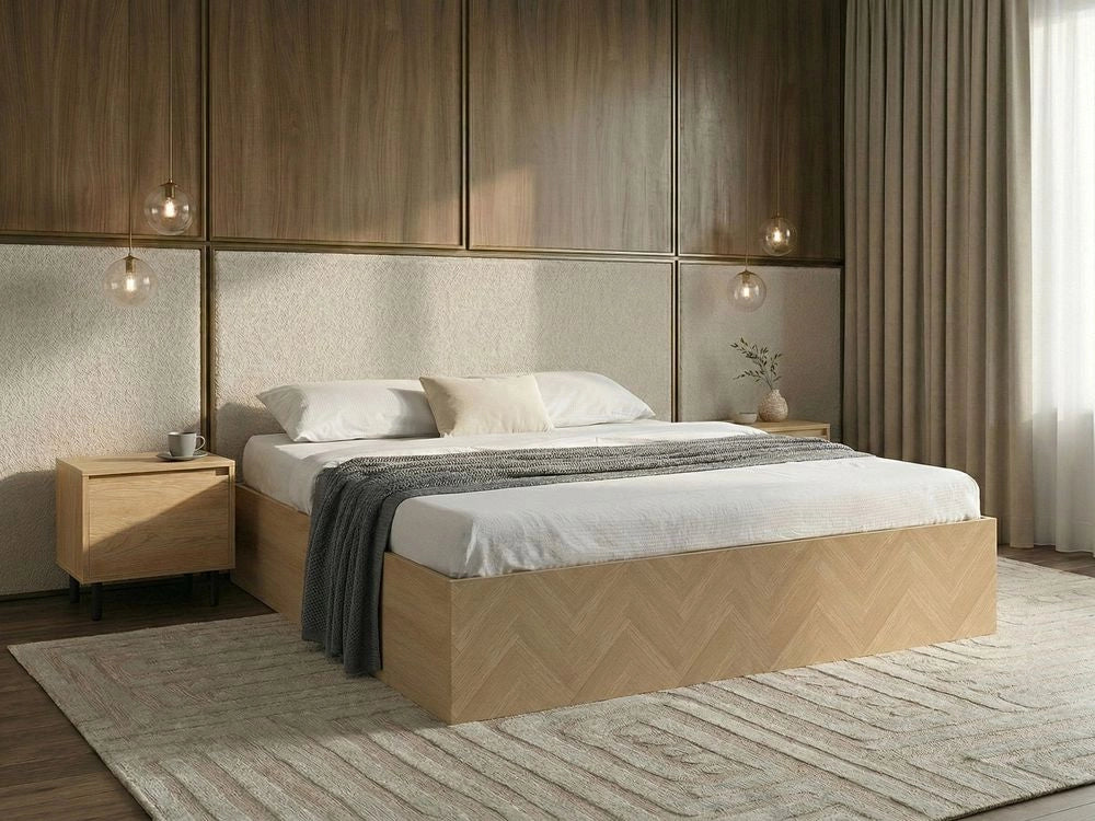 Letto matrimoniale con contenitore ottomano MDF Aspetto naturale Marrone chiaro 180 x 200 cm Stile scandinavo minimalista