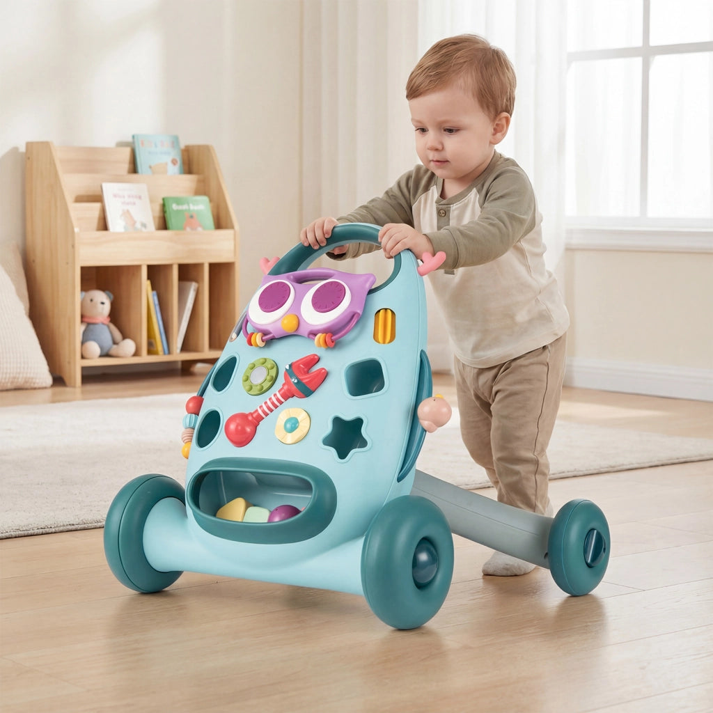 Camminatore montessori pulsante ovale rimovibile gioco forme maracas perline, Camminatore uccellino scorrevole 2 girandole bambini educativo Blu