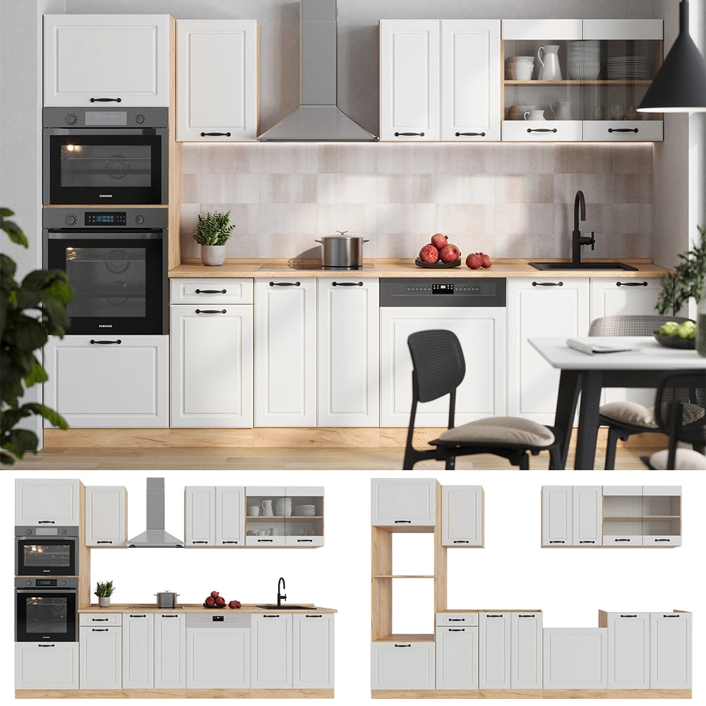 Cucina componibile R-Line Bianco rustico/Rovere dorato 300 cm con armadio alto, PL Antracite Vicco