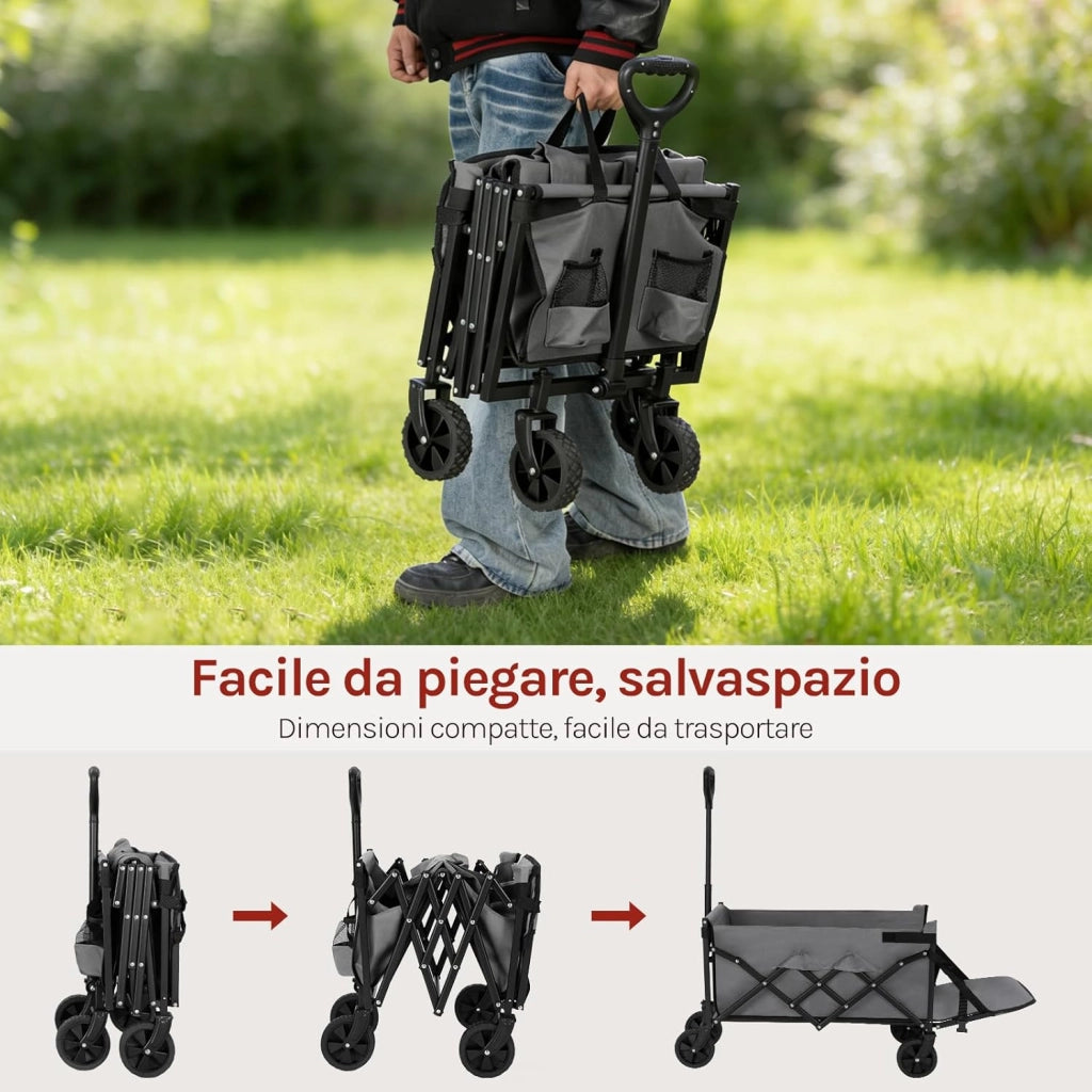 Carrello da Giardino Pieghevole con Ruote, 2 Portabicchieri, Pannello Posteriore Ribaltabile, Manico a Ritorno Automatico, Carrello Portata 150 kg, Telaio in Metallo, per Esterno, Grigio