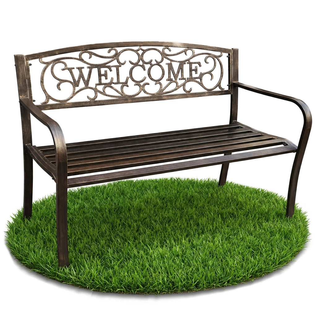 Panchina da giardino bruna IRYS con gambe in acciaio e schienale in ghisa larghezza 127 cm