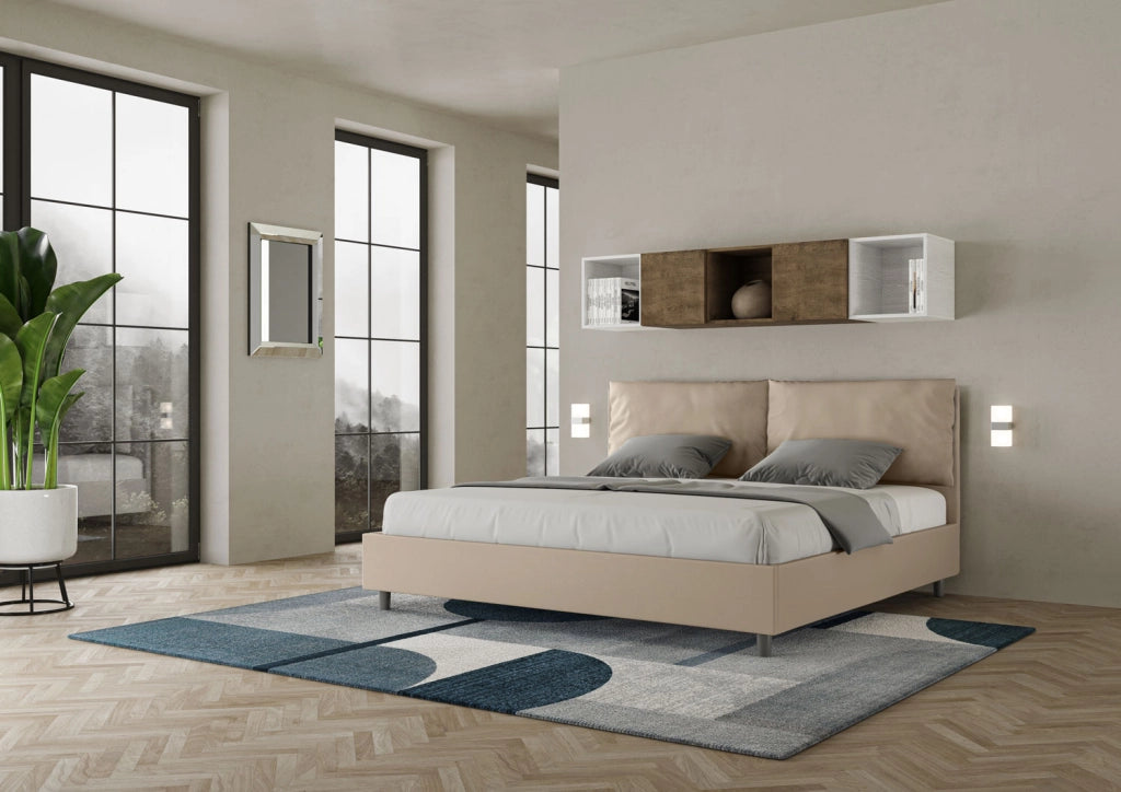 Letto Matrimoniale King Size 200x200 cm con Rete Imbottito in Similpelle Antea Large Tortora