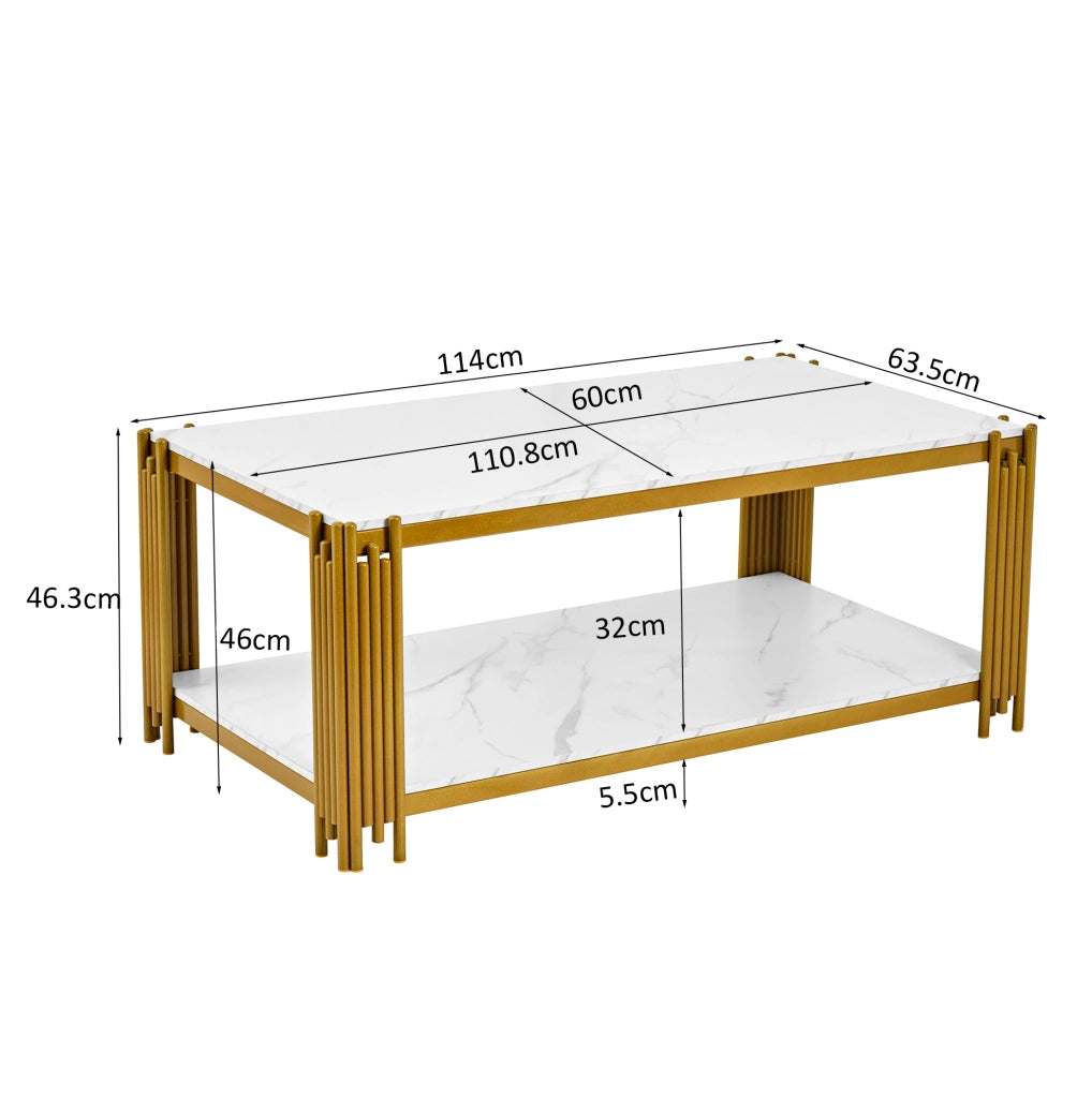 Tavolino da caffè 1140x64x46 cm con 2 ripiani; struttura in metallo e MDF; bianco oro
