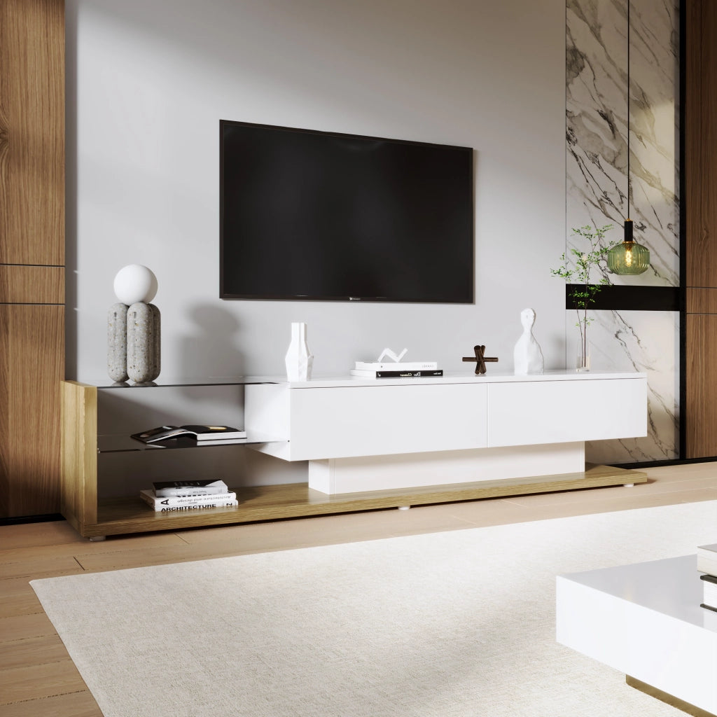 Mobile TV con 2 Cassetti; 2 Ripiani in Vetro e LED; Bianco Lucido con Effetto Legno; 170??36??38 cm; in Truciolare