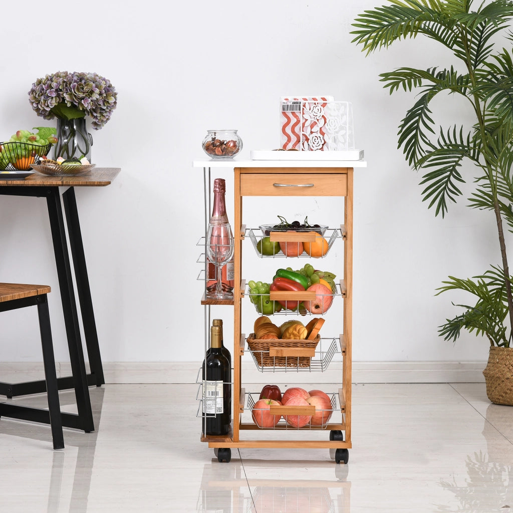 Tavolino da caff¨¨ con ruote, cassetto, 4 cesti e ripiani laterali ¨C zephmum ¨C 47x37x83 cm bianco e marrone