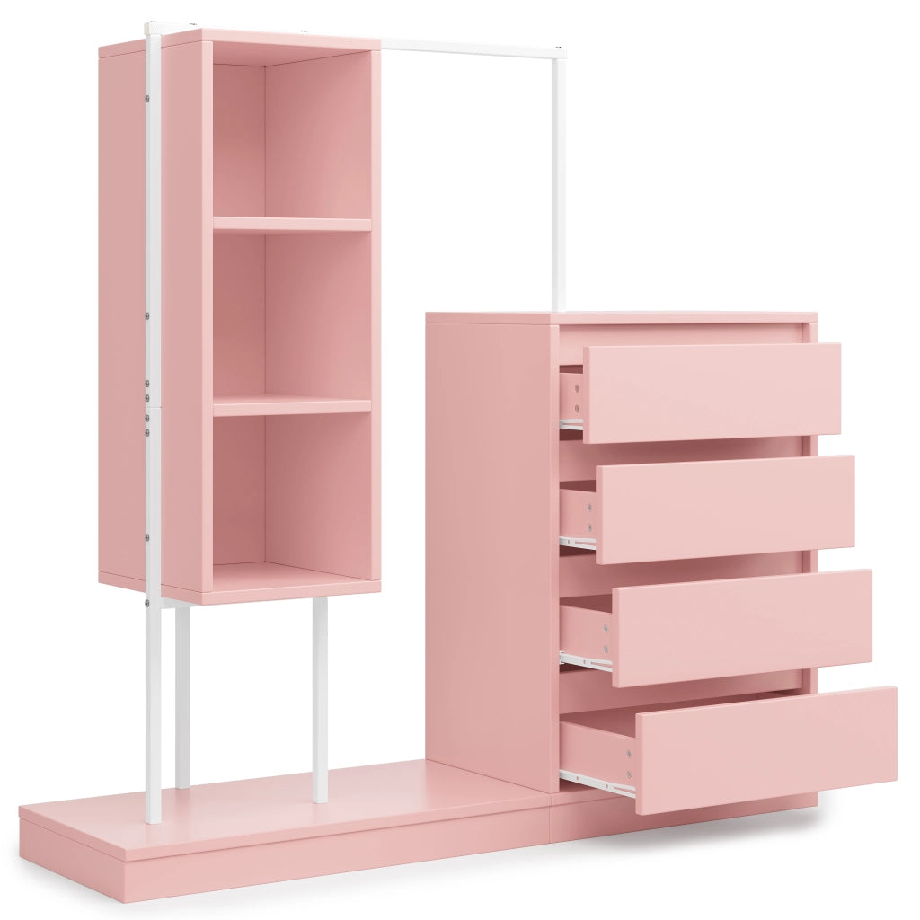 Armadio multifunzione con cassetti e barra appendiabiti, 140 x 40 x 135 cm, rosa e bianco