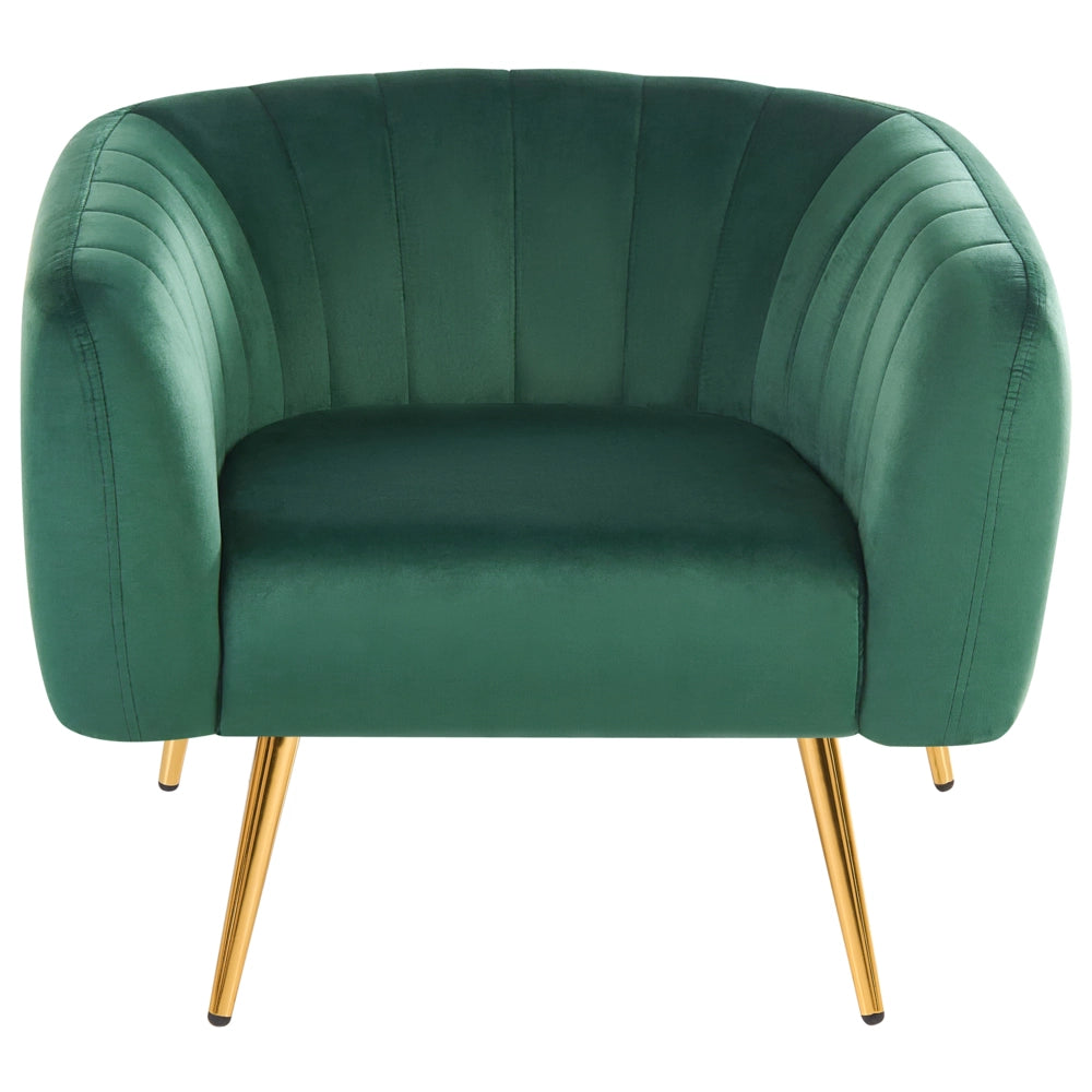 Poltrona Velluto Verde Struttura In Metallo Dorato Con Schienale Tondo Stile Glam