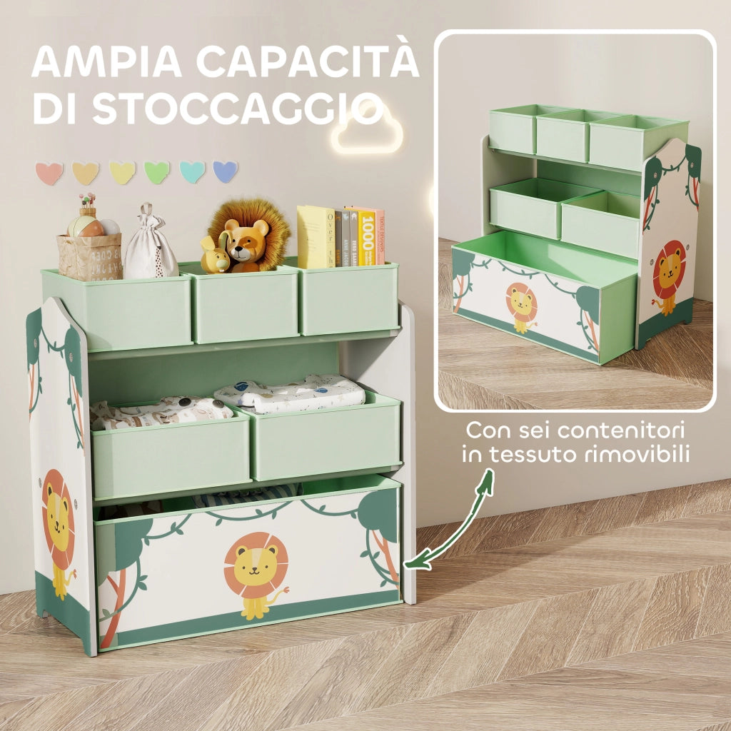 Scaffale Portagiochi 63x30x66 cm a 3 Livelli 6 Cesti in Tessuto Non Tessuto Verde