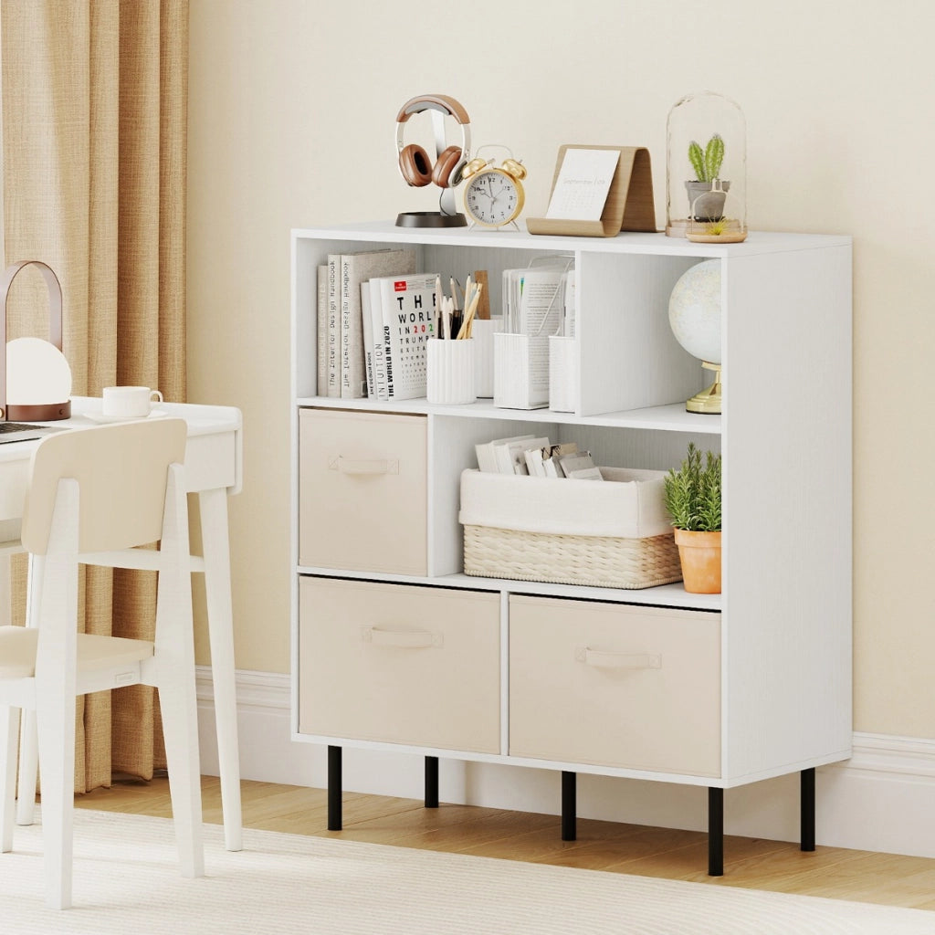 Libreria organizzatore autoportante gambe metallo soggiorno-Armadietto contenitore 6 cubi scaffale 3 livelli 3 cassetti tessuto Bianco