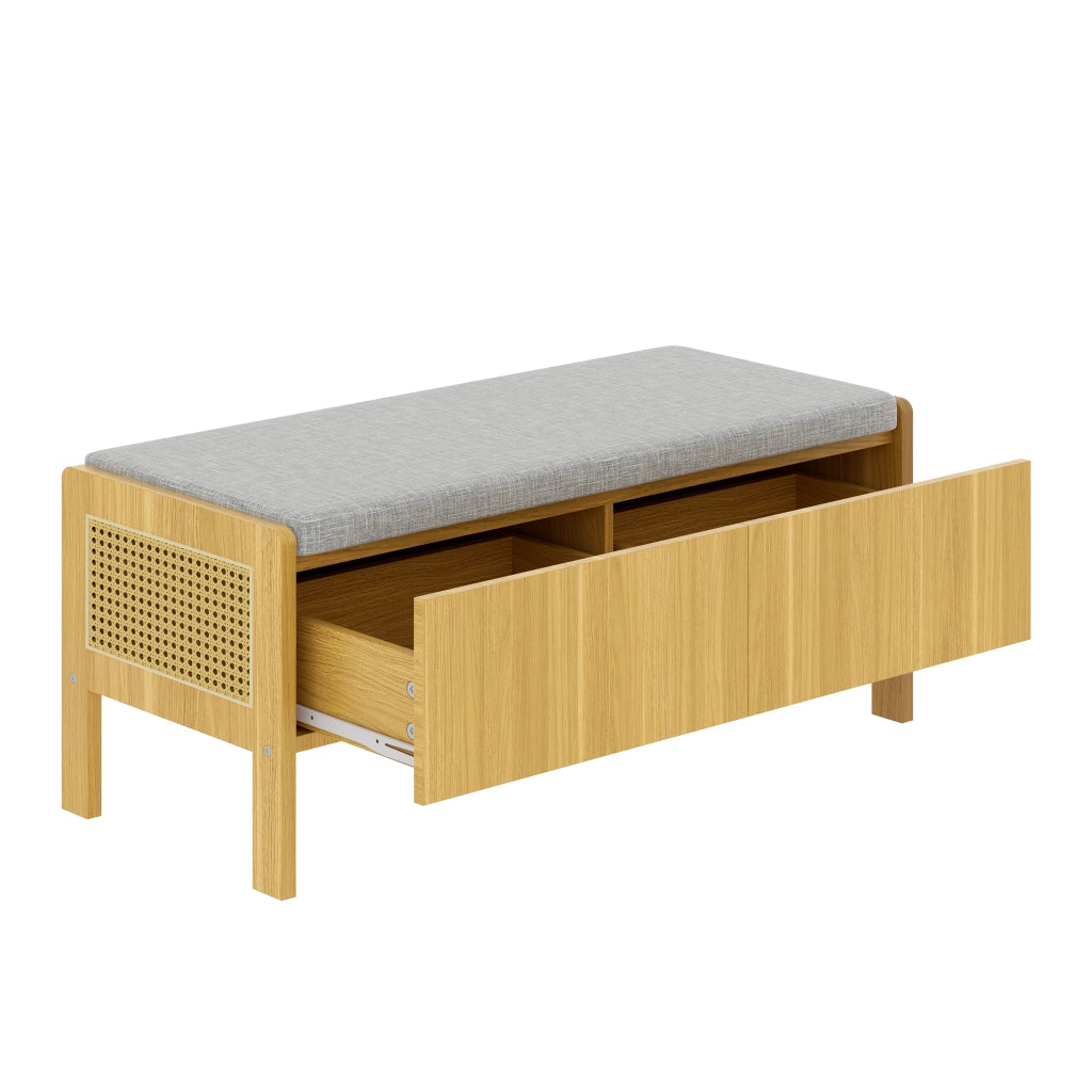Panca contenitore con seduta, laterali in rattan, 2 cassetti, colore naturale e grigio, 113 ¡Á 45,5 ¡Á 40 cm