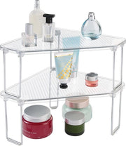 Set da bagno angolare da 2 pezzi - mobiletto per il lavabo - in plastica di alta qualità - con due livelli per la conservazione di cosmetici - trasparente