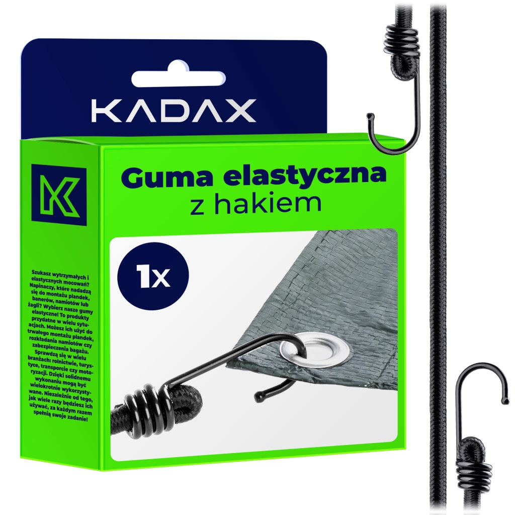 Corda elastica in gomma KADAX con gancio in metallo, 109 cm, per fissare teloni per bagagli.