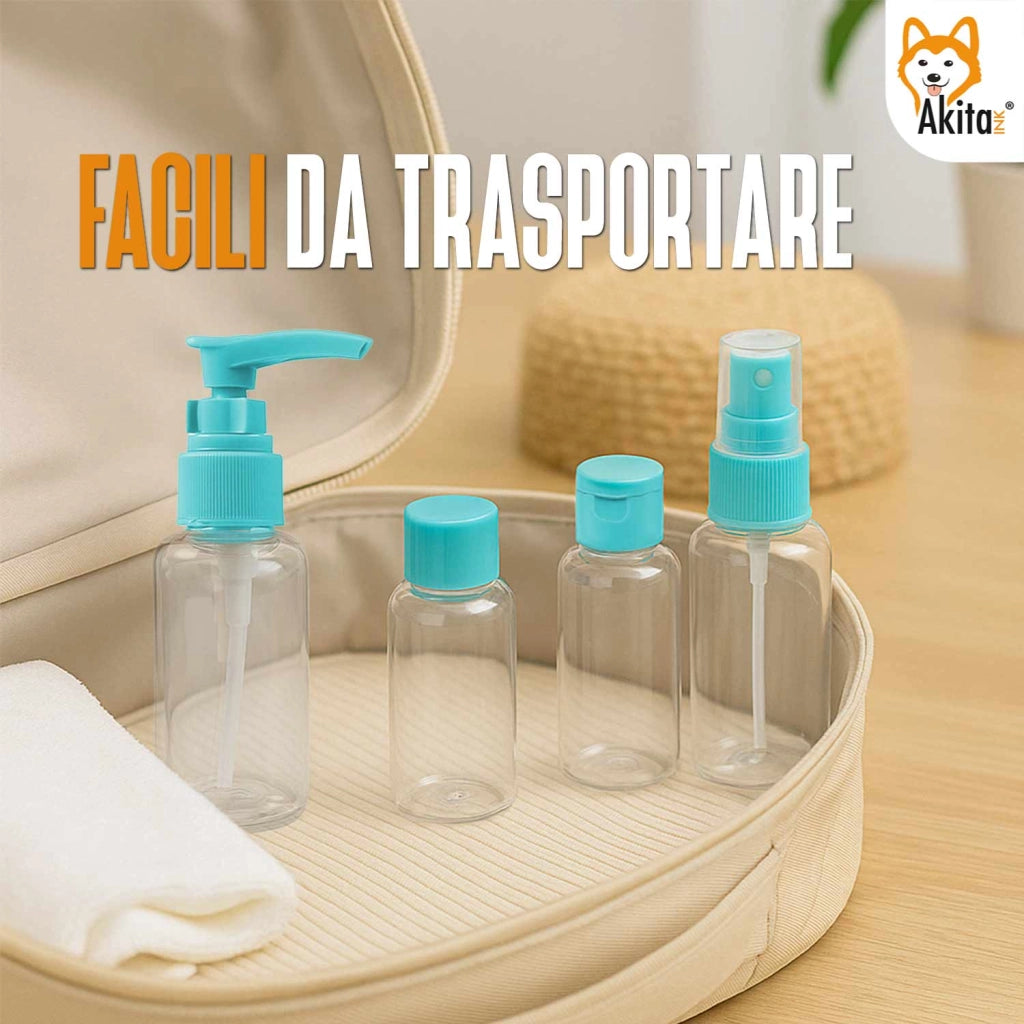 Akitaink Set Flaconi da Viaggio 4 Pz con Borsa Celeste 100 ml