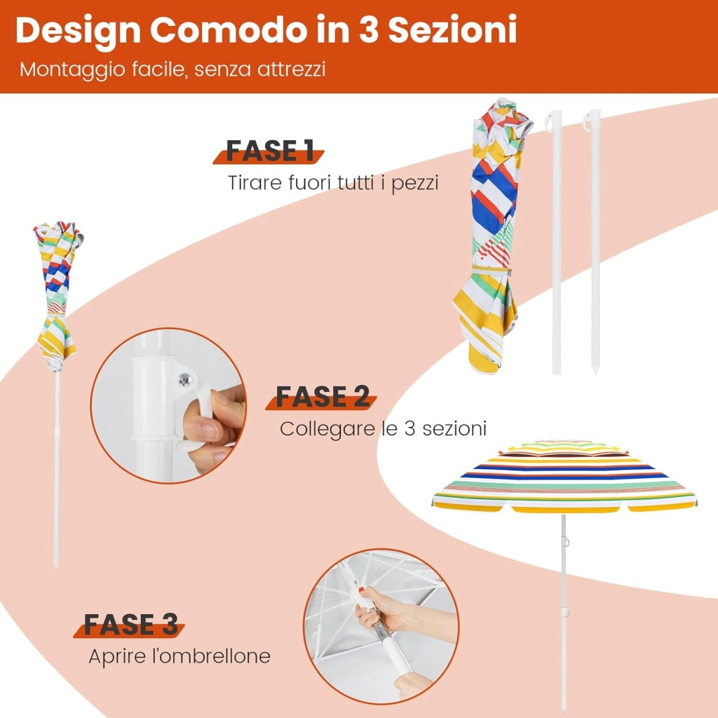 Ombrellone da Spiaggia da 179 cm, Protezione Solare, Ombrellone da Esterno Portatile con Inclinazione Regolabile, Borsa per il Trasporto, per Patio, Giardino, Cortile