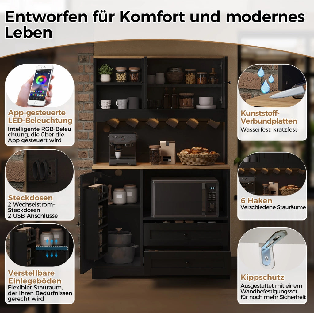 Credenza cucina multifunzione con LED, prese USB e ripiani regolabili