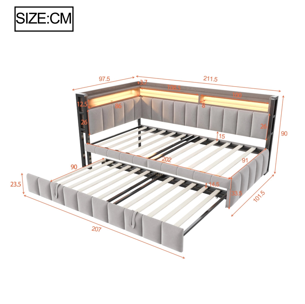 Divano letto multifunzione 90x200 cm in velluto grigio con letto estraibile; LED e USB