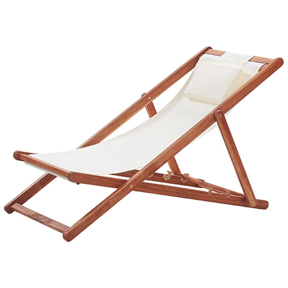 Sedia a sdraio da giardino in tessuto beige cuscino poggiatesta sedile reclinabile pieghevole struttura in legno di acacia