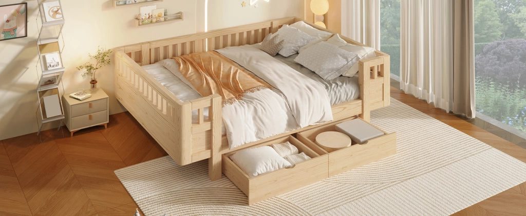 Letto per bambini in legno massiccio con sponde protettive e due cassetti, finitura legno 140 × 200 cm