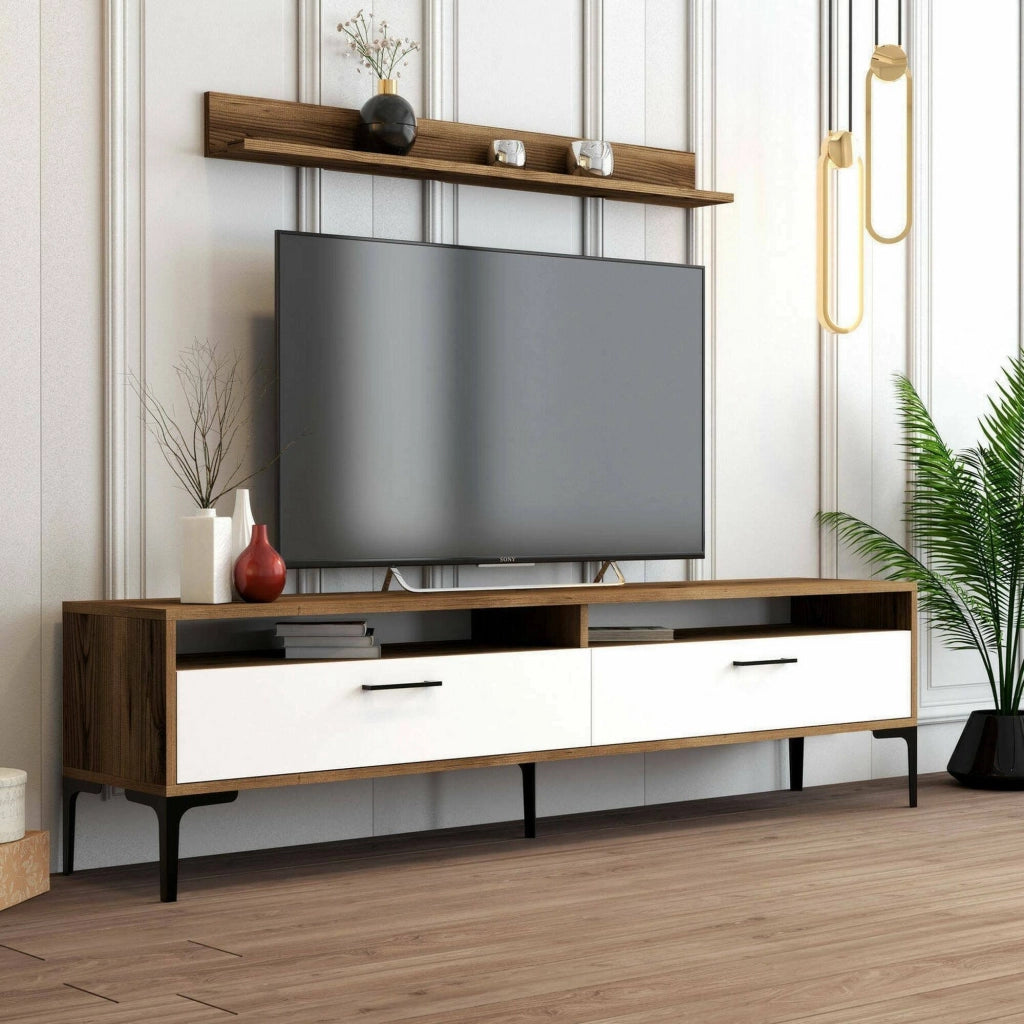 Parete attrezzata Oho, Composizione soggiorno, Mobile salotto multiuso, Armadio porta TV, 180x35h47 cm, Noce e Bianco