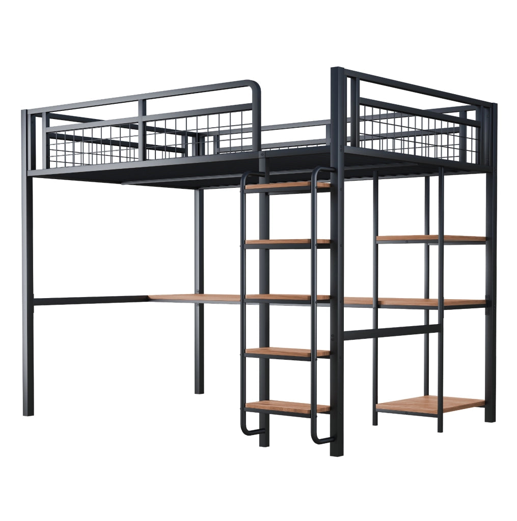 Letto a soppalco in metallo 140x200 cm con scrivania e ripiani, nero
