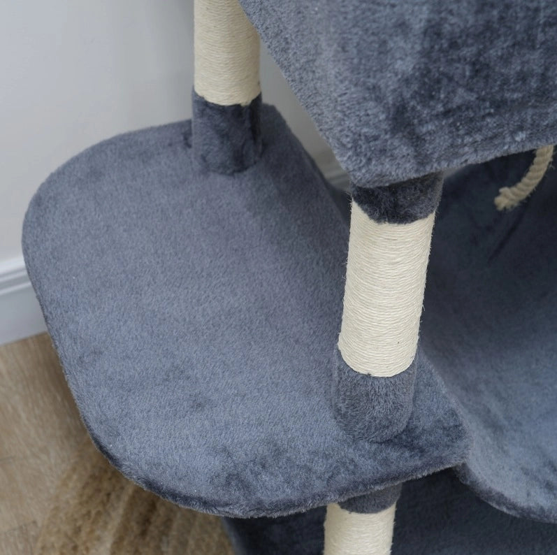 Tiragraffi ULEVR 206 cm con 2 cucce, 2 nicchie e 2 amache, pali in sisal, grigio scuro