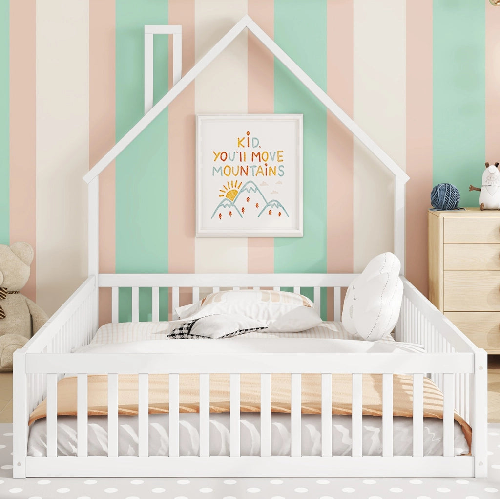 Letto per bambini 140x200 cm con forma camino; in pino e MDF; bianco/grigio