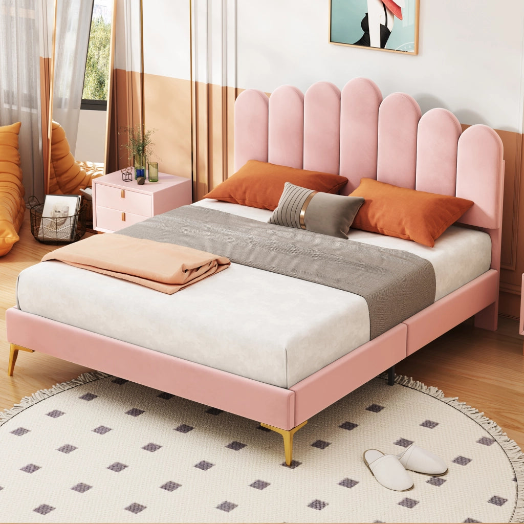 Letto Matrimoniale 140 x 200 cm con Testiera Regolabile e Rete a Doghe - Rosa