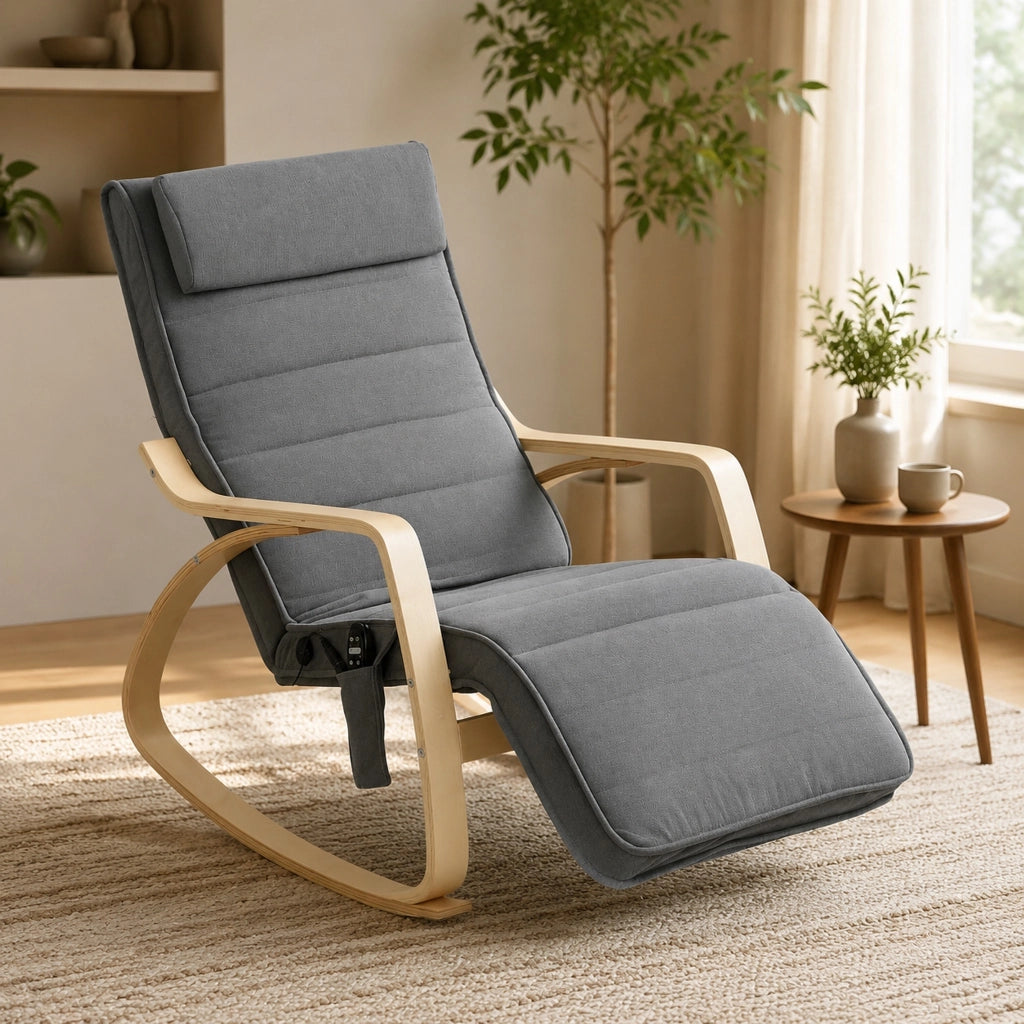 Poltrona a dondolo 67x106x92 cm con massaggio a vibrazione 5 modalità e riscaldamento lombare in poliestere grigio
