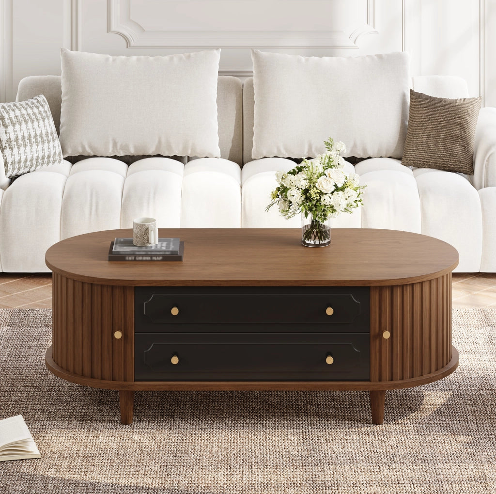 Tavolino da salotto 100x50x36 cm con 2 cassetti e 2 ante a rullo in truciolare; noce e nero