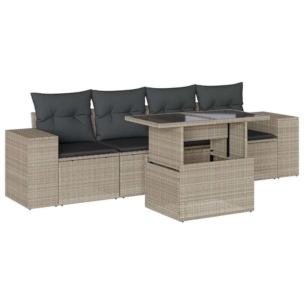 Set Divano da Giardino 5pz con Cuscini Grigio Chiaro Polyrattan