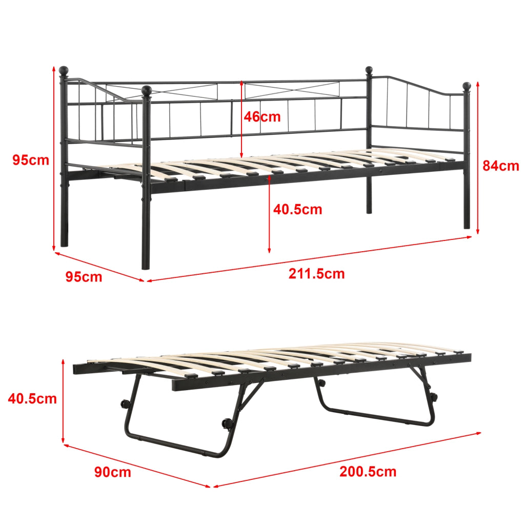 Divano in Metallo con Cornice Decorativa + Letto di Complemento con Gambe Pieghevoli e 4 Ruote, Sofa a 2-3 Posti di Seduta  e Secondo Letto Salvaspazio - Nero